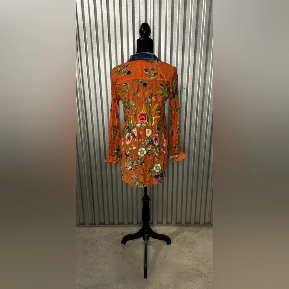 Women’s Aratta Silent Journey Orange Floral Long Sleeve Rayon Nylon Blouse Small - Picture 2 of 4
